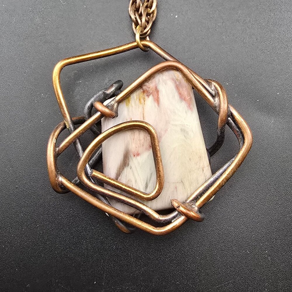 Vintage Copper Wire Wrapped Pendant Necklace W/ Stone Center & Chain By Kim - Picture 3 of 10